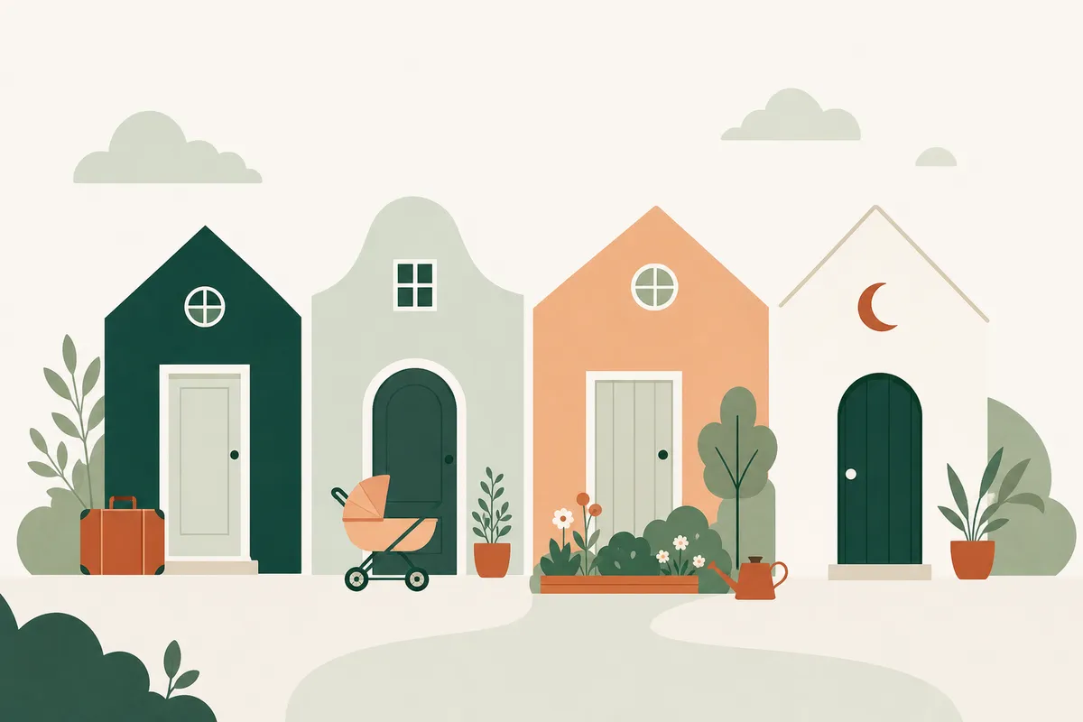 Rustige illustratie van een volwassene die met twee kinderen speelt in een lichte woonkamer