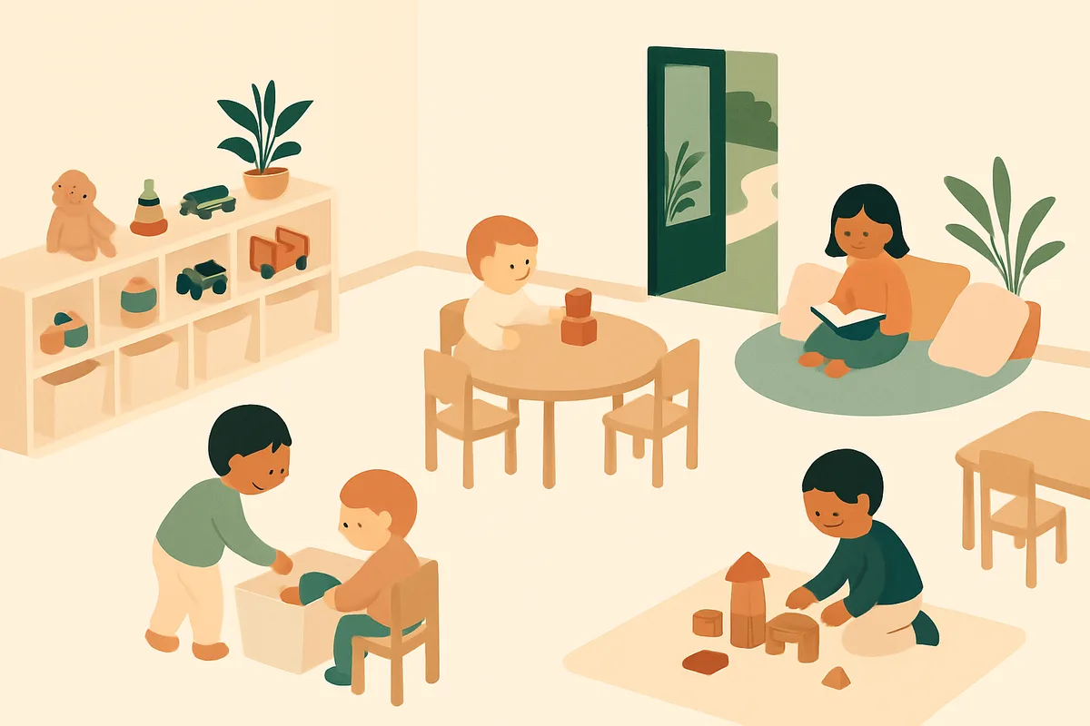 Illustratie van een lichte, overzichtelijk ingerichte groepsruimte van een kinderdagverblijf