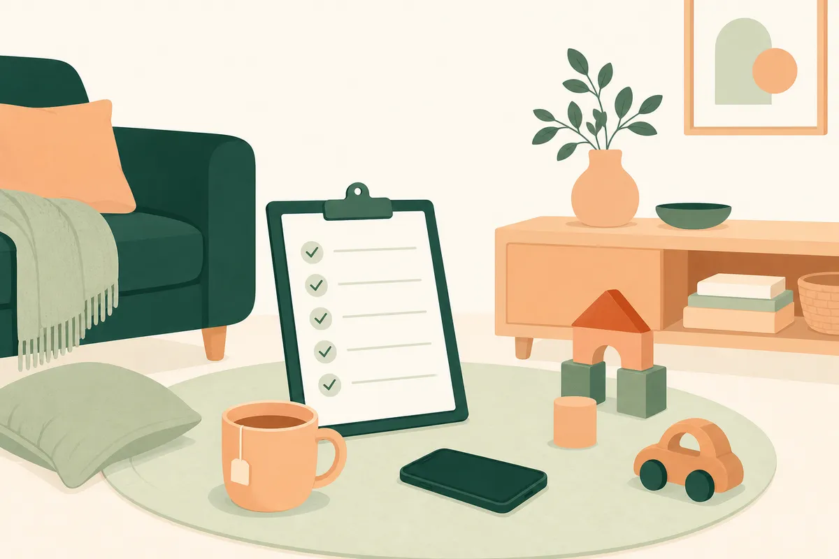 Rustige illustratie van een woonkamer met speelgoed, een kopje thee en een notitieblok met een checklist