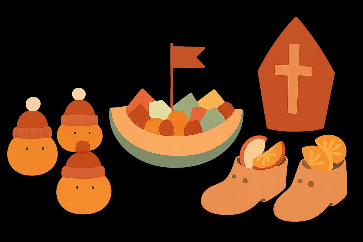 Illustratie van feestelijke fruittraktaties in sinterklaassfeer op een tafel
