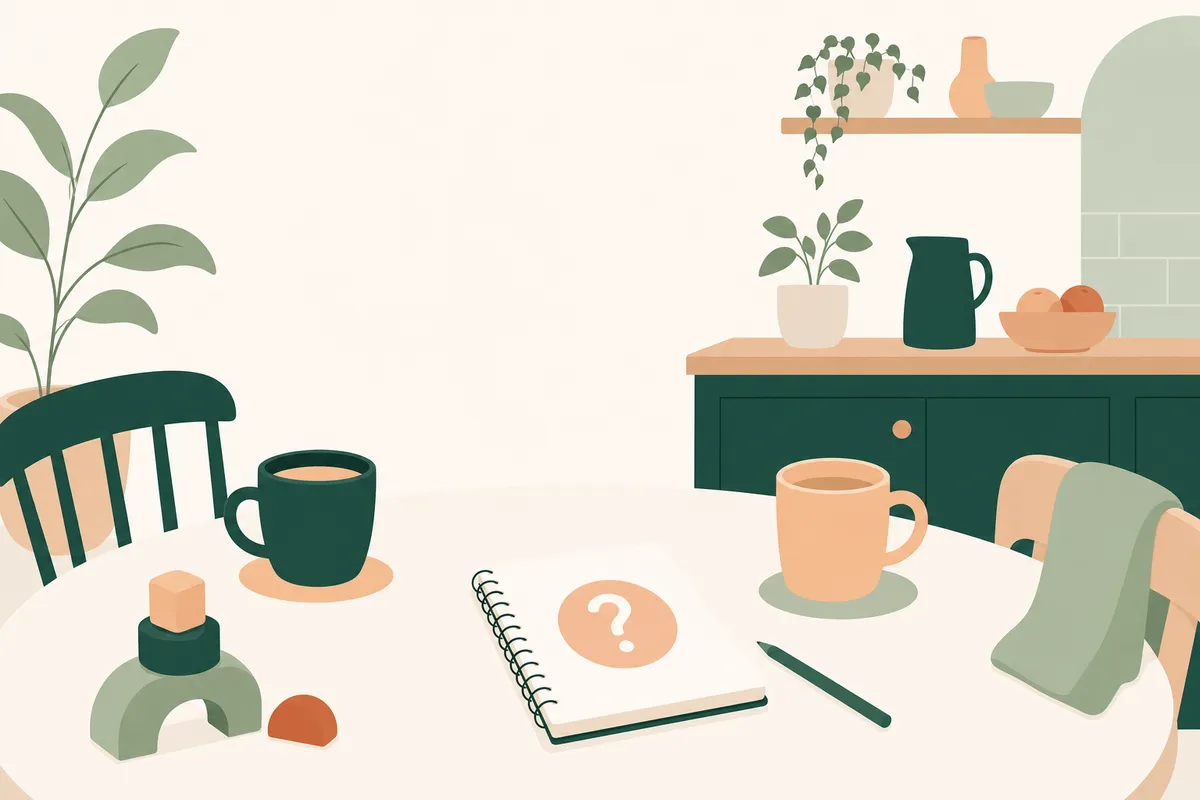 Rustige illustratie van een keukentafel met twee koppen thee, een notitieblok met vragenlijst en wat speelgoed op de vloer