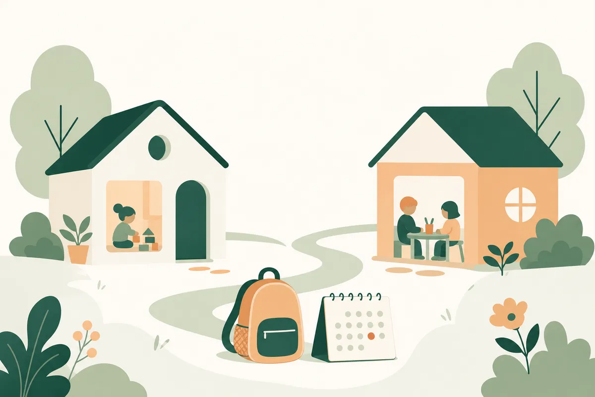 Rustige illustratie van twee huisjes verbonden door een pad, met een kindertasje en een knuffel ertussen