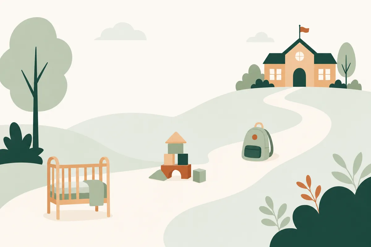 Rustige illustratie van een tijdlijn met een babywiegje, een speelkleed, een peuterstoeltje en een schooltas op een zachte achtergrond