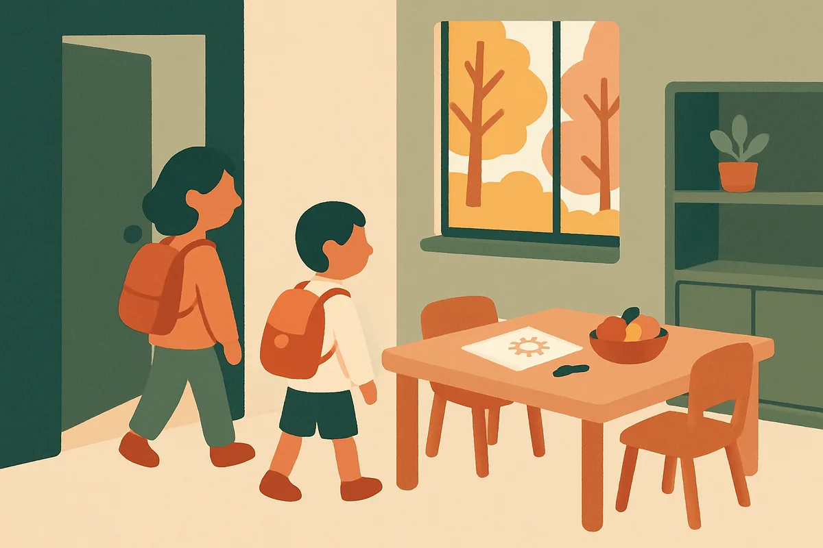 Illustratie van kinderen die na school spelen bij de buitenschoolse opvang
