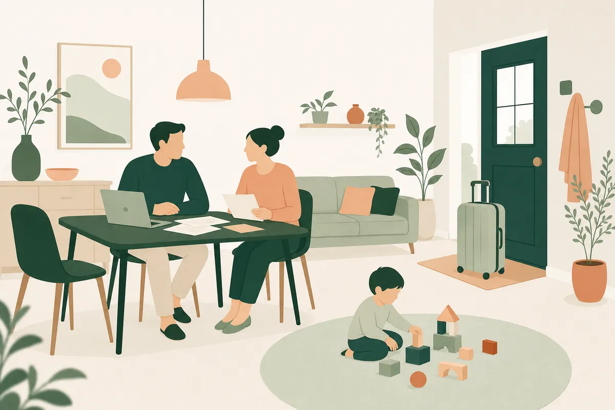 Rustige illustratie van een gezin in een lichte woonkamer met een koffer bij de deur en papieren op tafel