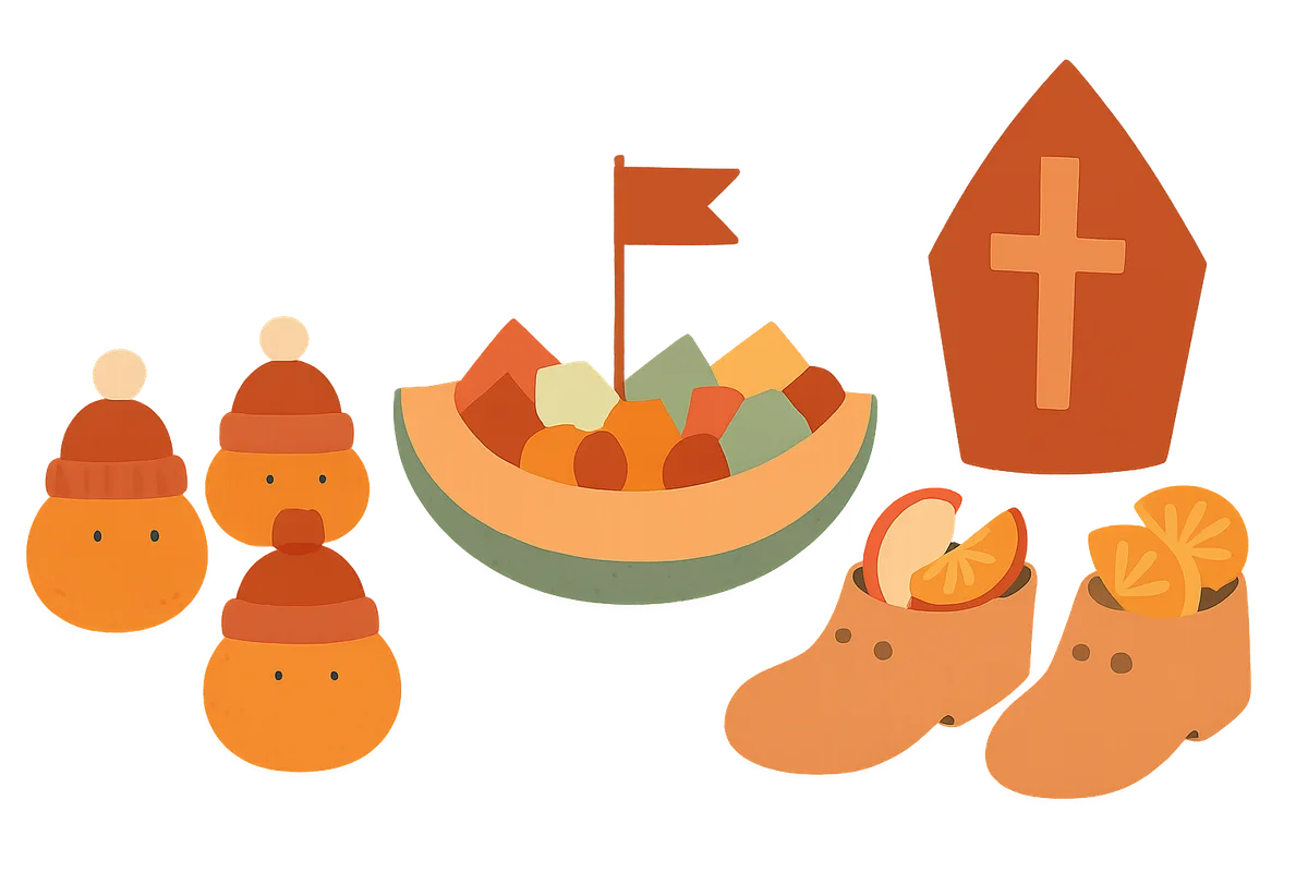 Illustratie van feestelijke fruittraktaties in sinterklaassfeer op een tafel