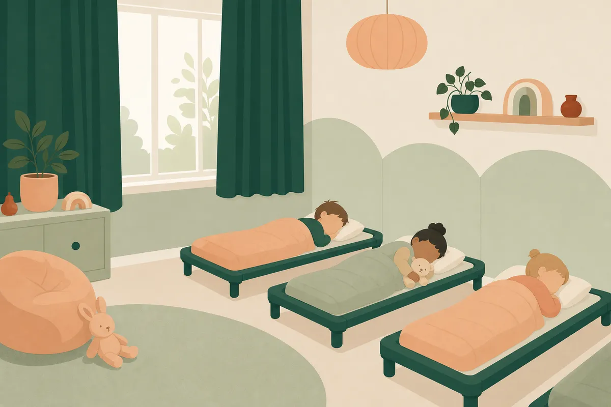 Rustige illustratie van een lichte slaapkamer op een kinderdagverblijf met lege bedjes, een opgevouwen slaapzak en een klein knuffeldoekje