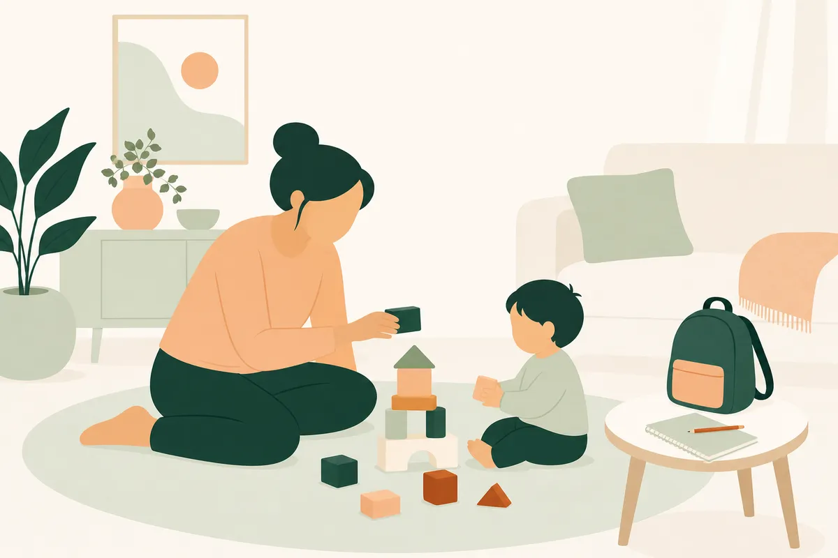Rustige illustratie van een oppas die met een kind op een kleed met blokken speelt in een lichte woonkamer